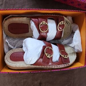 Tory Burch Preloved Selby Two-Band Espadrille Slides Red US 9